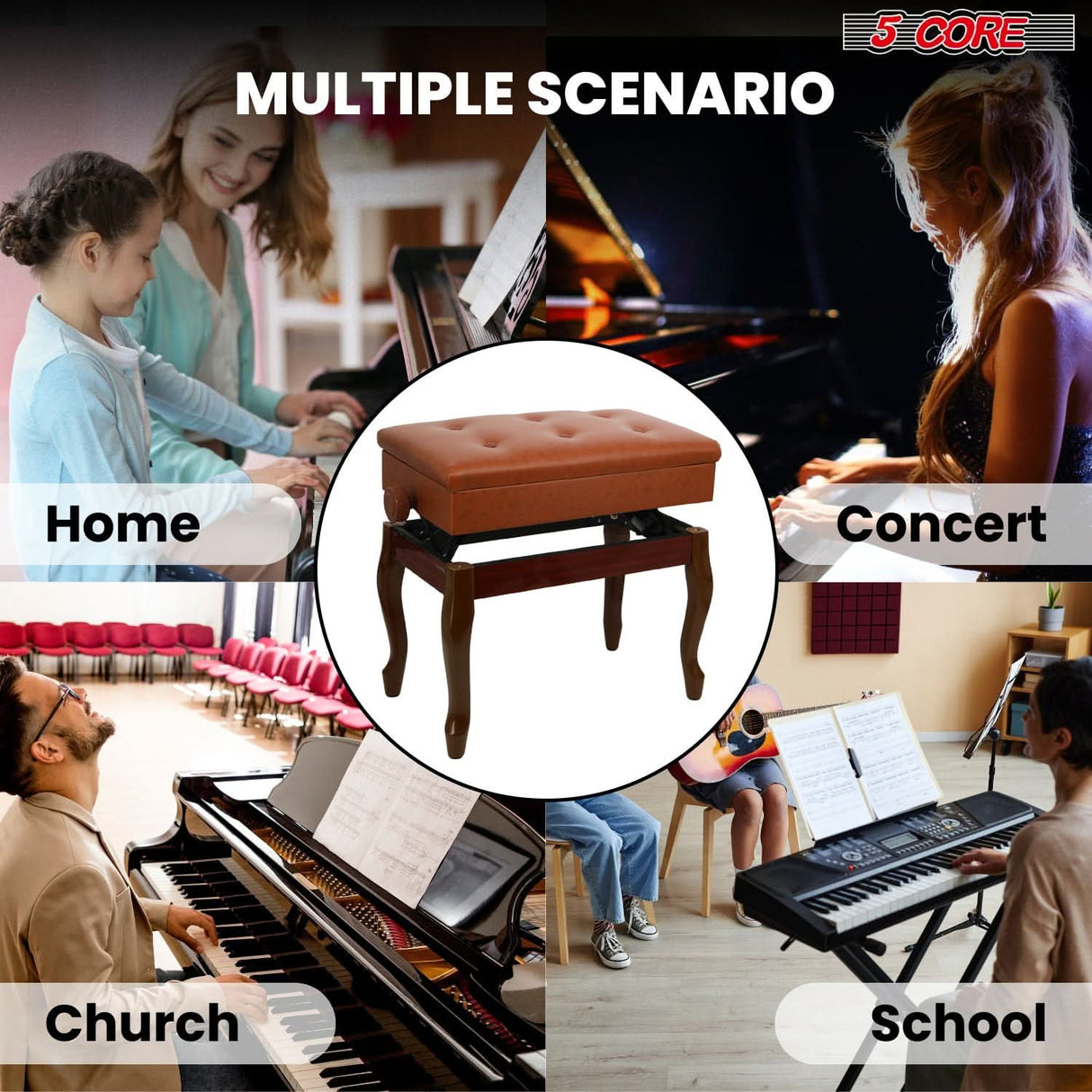 5 Core Piano Bench 3" Padded Cushioned Stool Wooden Heavy Duty Adjustable Musician Chair w Storage