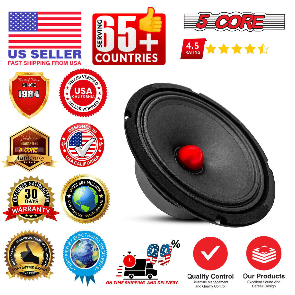5 Core 8" Midrange Speaker 2Pc 500W Aluminum Bullet 8Ohm Pro Audio Slim PA DJ Car Door Loudspeaker