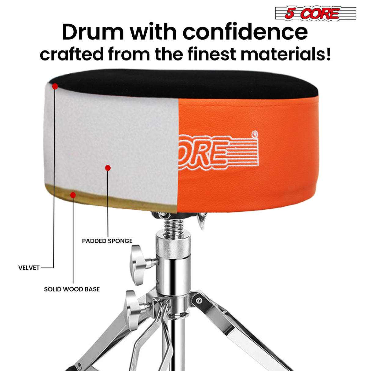 5 Core Drum Throne 5" Padded Drummer Seat Adjustable Drumming Chair w Luxury Velvet Top
