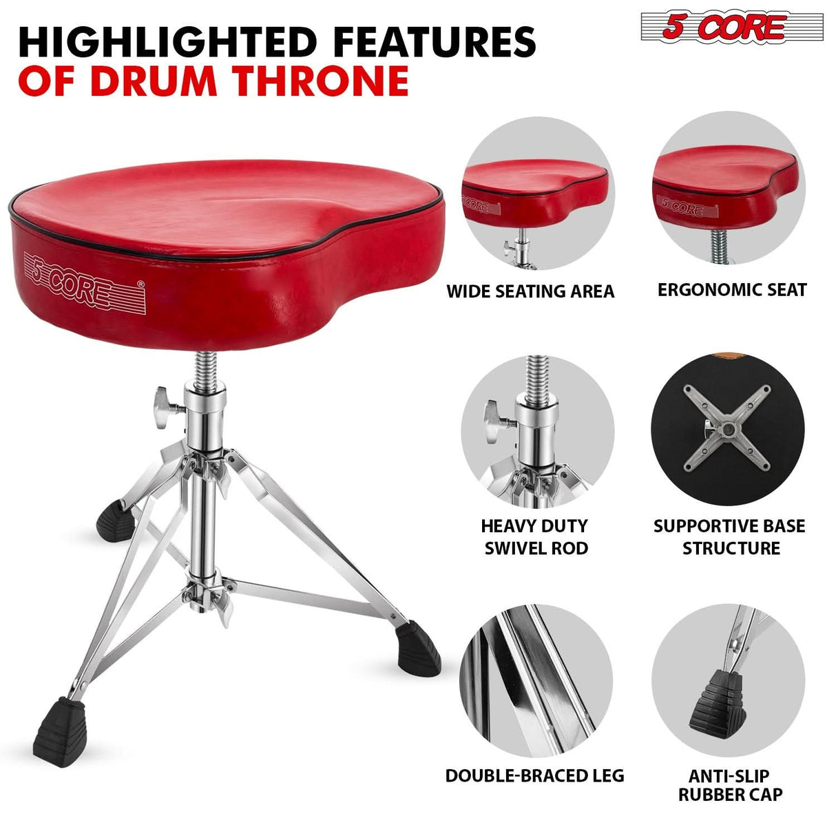 5Core Drum Throne Padded Guitar Stool Saddle Drummer Seat for Adults & Kids
