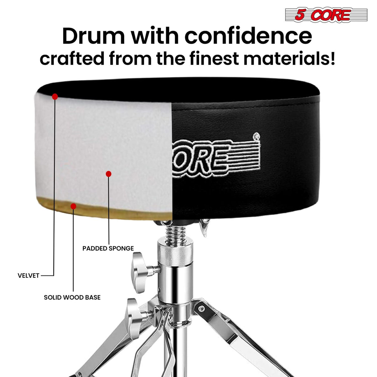 5 Core Drum Throne 5" Padded Guitar Stool Adjustable 310lbs Capacity Heavy Duty Seat w Velvet Top