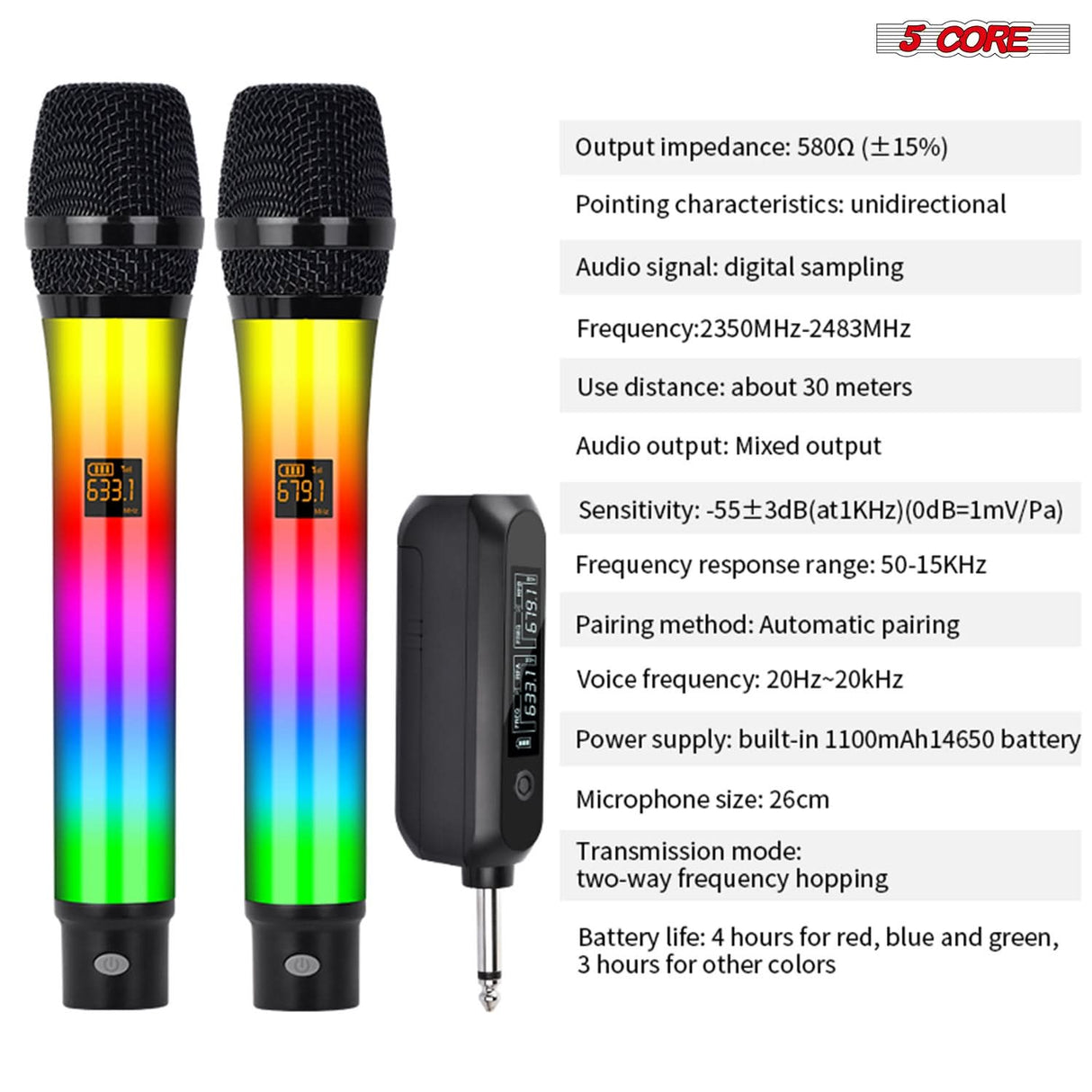 5 Core Microphone Wireless Karaoke Singing Mic Rechargeable Microfonos Inalambricos w LED Lights