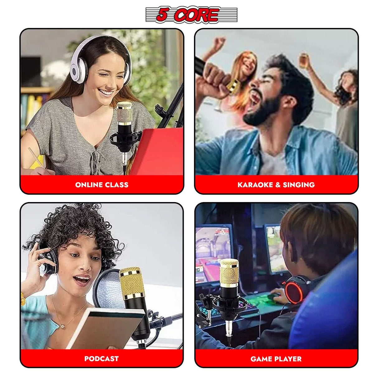 Professional podcast microphone kit by 5Core, cardioid condenser mic with boom arm