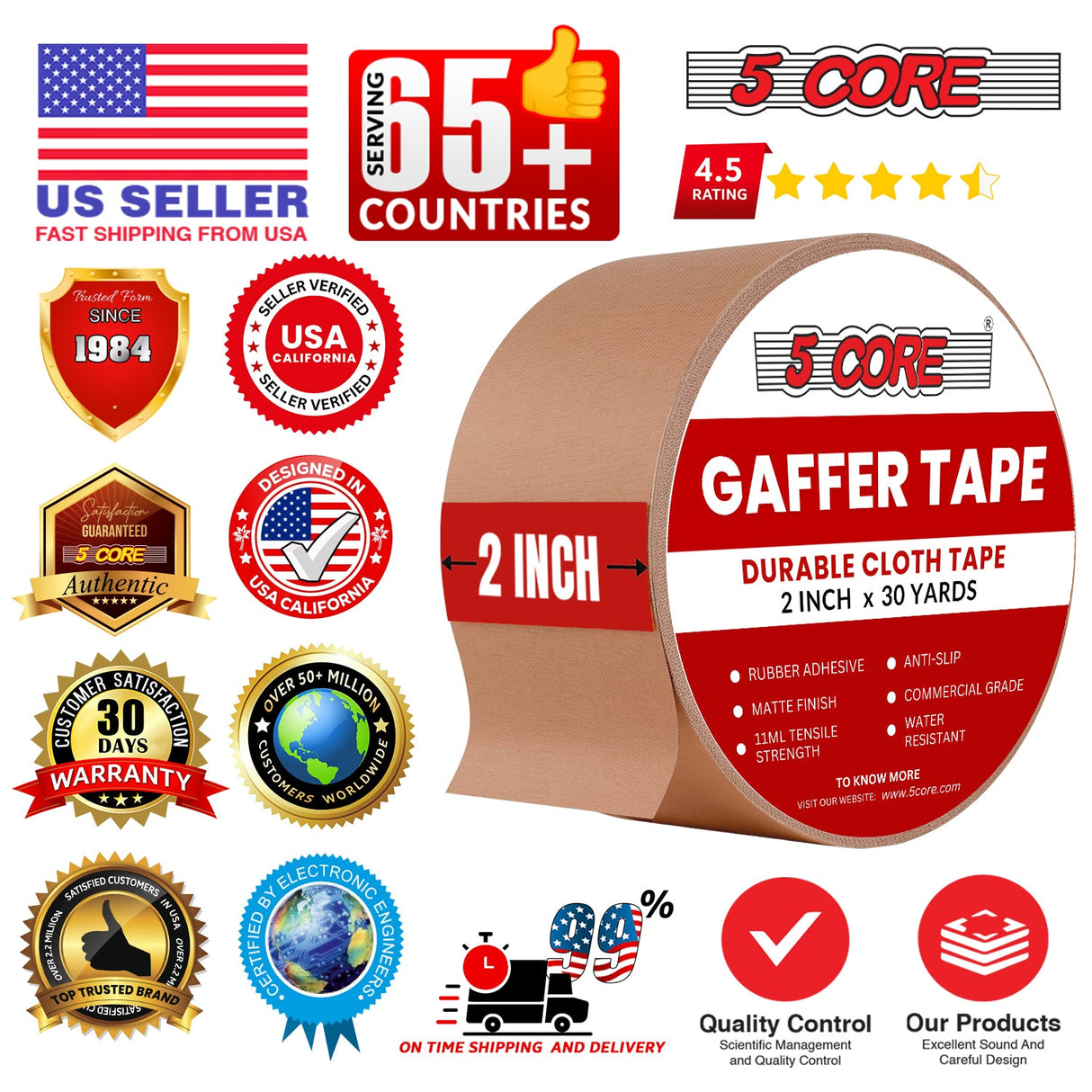 5 Core Gaffers Tape 2 Inch 30 Yards Professional Brown Pro Gaff Tape Non Reflective Water Resistant