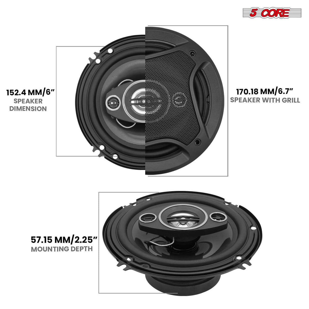 5 Core 2 Way 6" Car Speaker 500W Coaxial Component Speaker Universal Quick Easy Fit for Cars