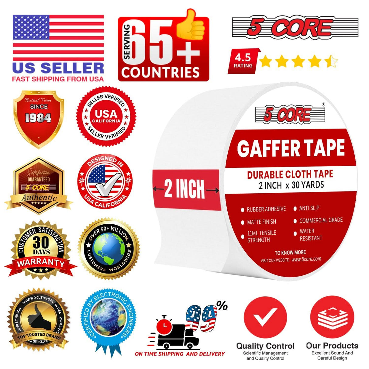 5 Core Gaffers Tape 2" 30 Yards 4Pcs Professional White Pro Gaff Tape Non Reflective Water Resistant