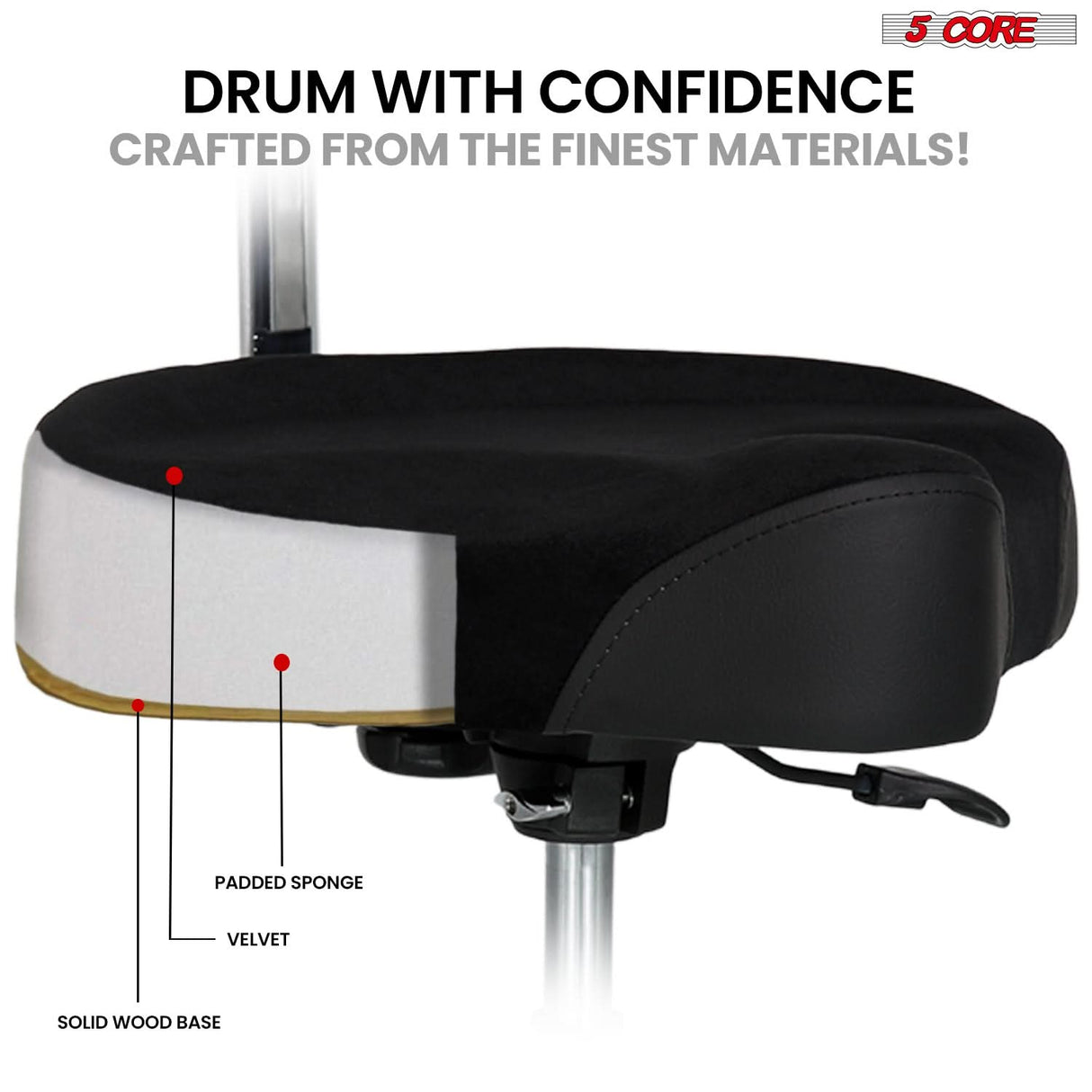 5 Core Drum Throne w Backrest 4" Padded Stool Airlift 25" Adjustable Drummer Stool 441Lb Capacity