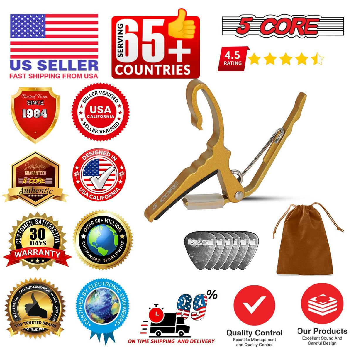 5 Core Guitar Capo Pair Quick Change Acoustic Electric String Clip Banjo Mandolin Or Ukulele Yellow