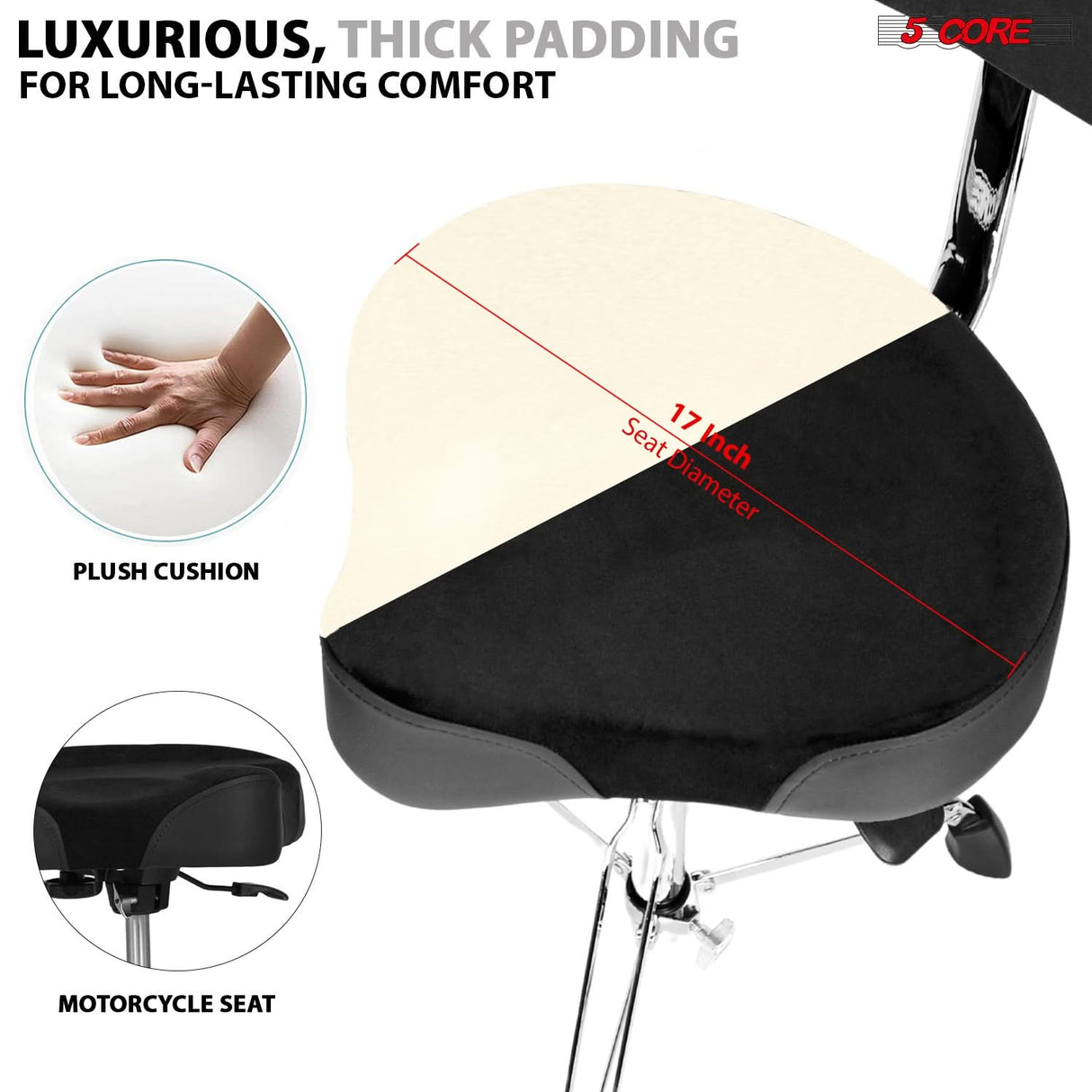 5 Core Drum Throne w Backrest 4" Padded Stool Airlift 25" Adjustable Drummer Stool 441Lb Capacity