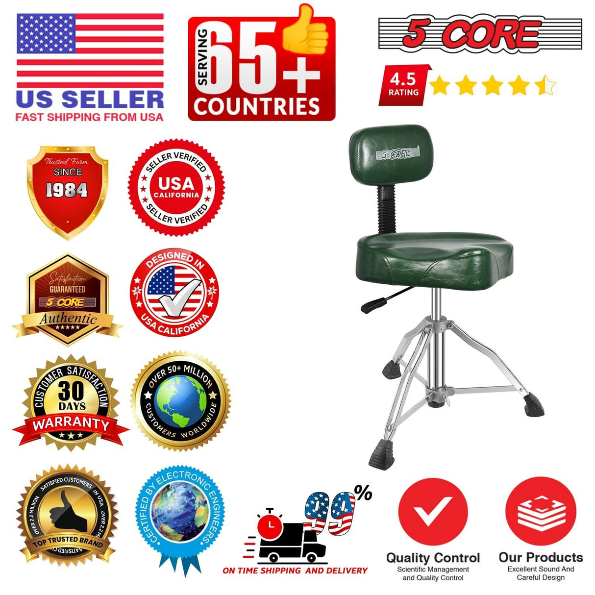 5 Core Drum Throne w Backrest 4" Padded Stool Adjustable 24.5" Drummer Chair w 441Lb Capacity