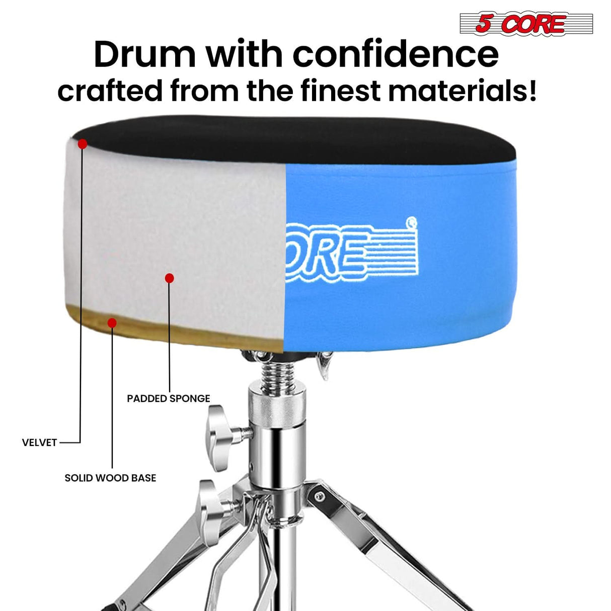5 Core Drum Throne 5" Padded Velvet Top Guitar Stool Drummer Chair Swivel Adjustable Musician Seat