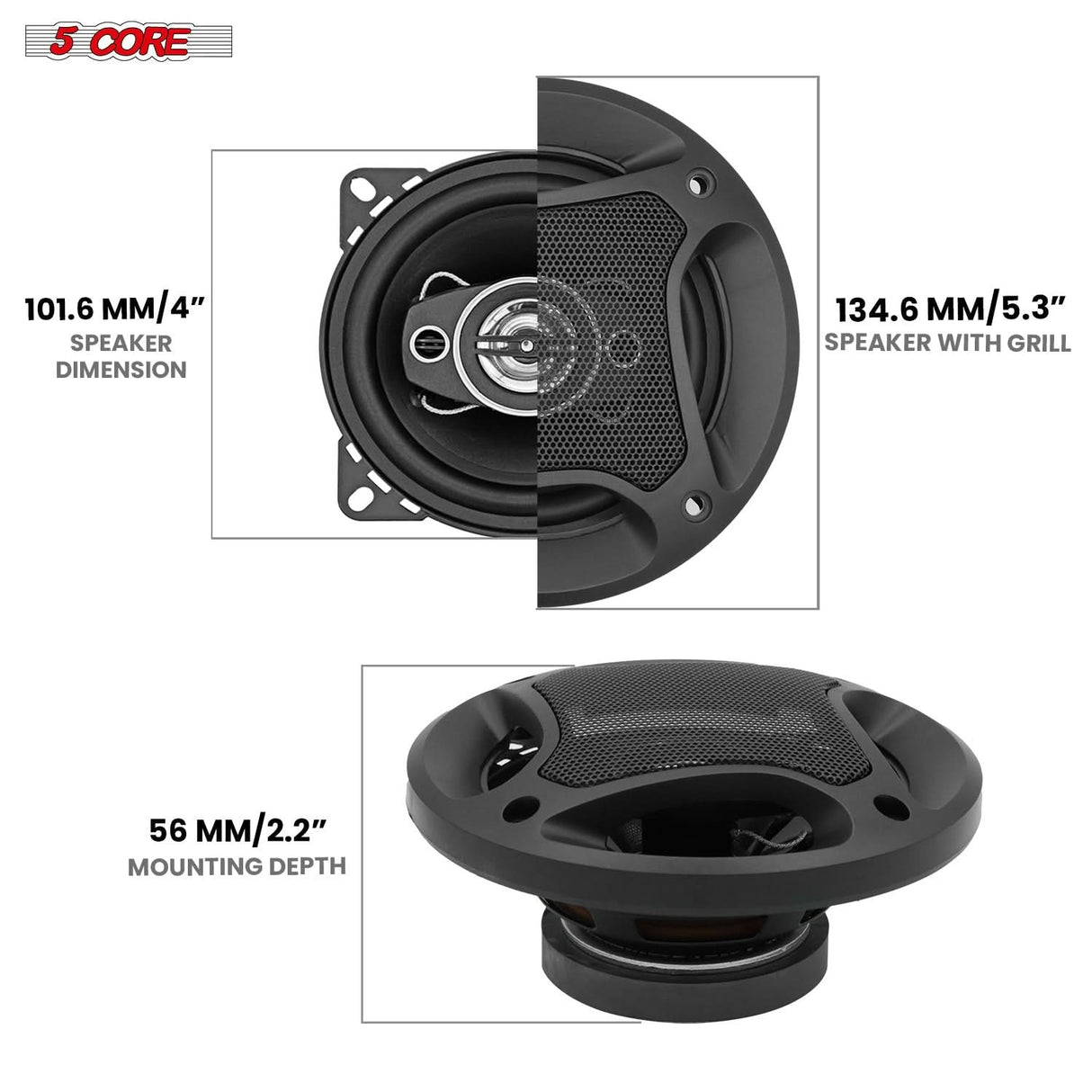 5Core 4” Car Speaker Pair 250W 4Ohm 2 Way Coaxial Speaker w Super Tweeter Universal Fit for Vehicle