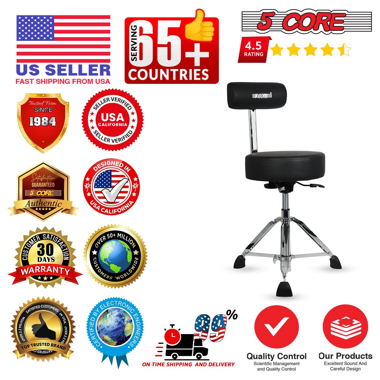 5 Core Drum Throne w Backrest 4" Padded Stool Airlift Adjustable 25.5" Drummer Chair 441Lb Capacity