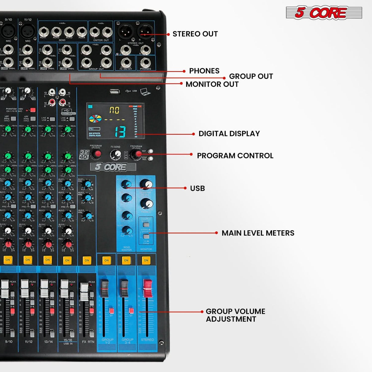 Feature-rich 5Core audio mixing board with digital effects