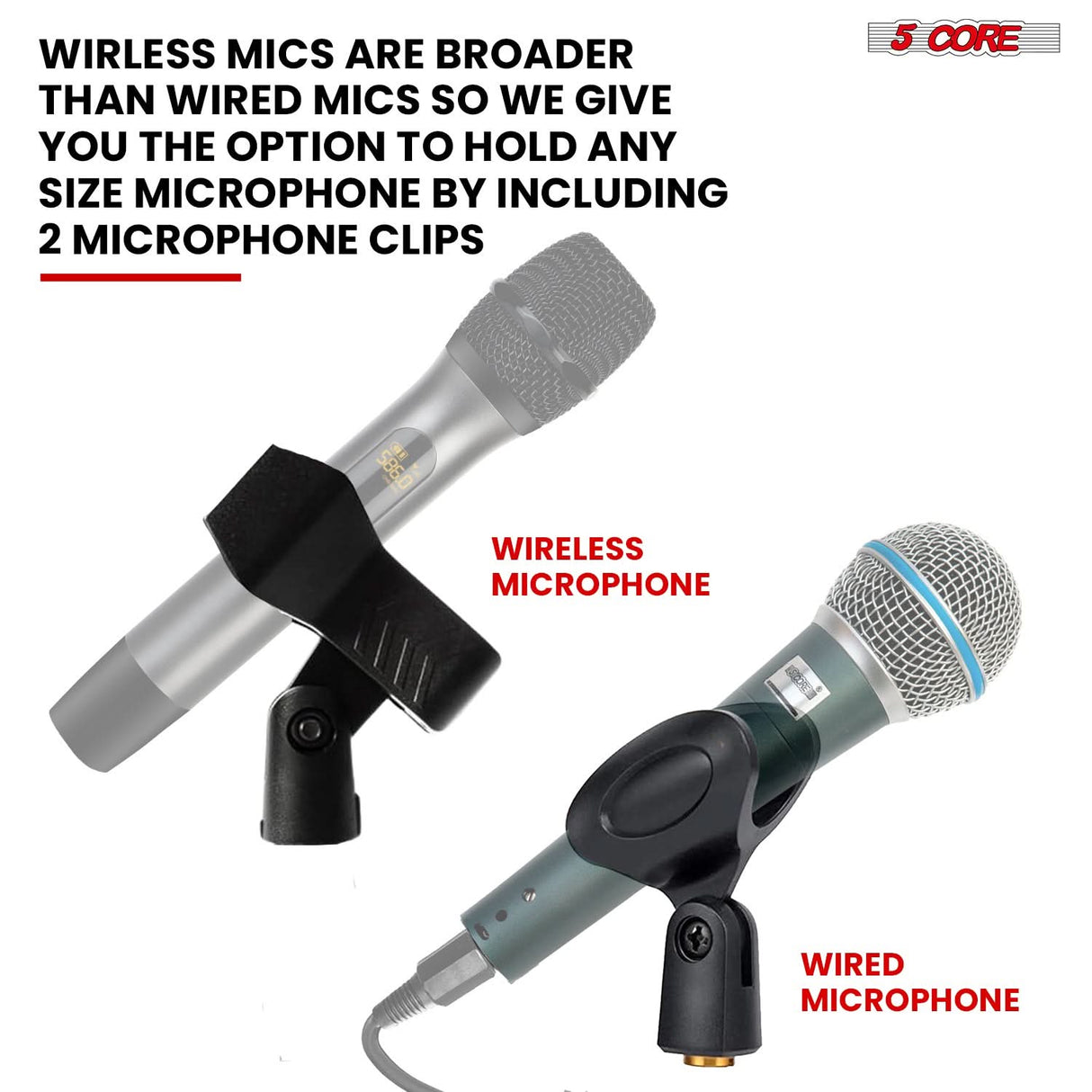 5 Core Microphone Stand Pair Universal Floor Height Adjustable 35 to 57" Round Base Mic Stands Quick Setting Lock-Tight Knob w 5/8 Thread Adapter