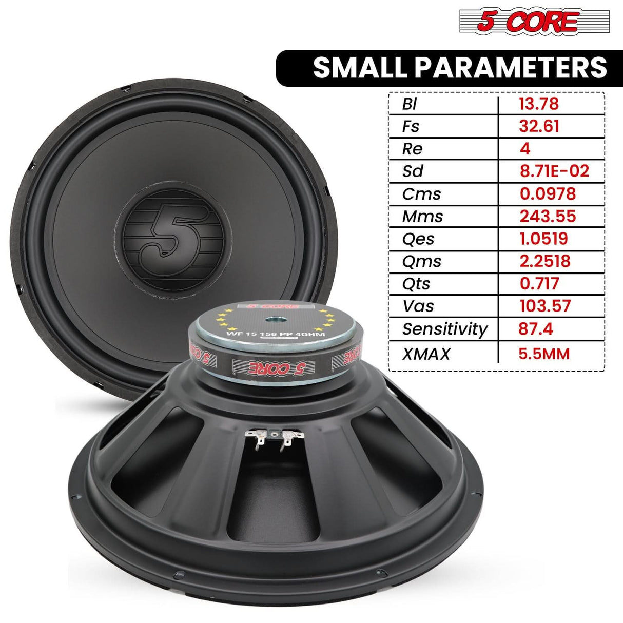 5 Core 15 Inch Woofer 500W Car Subwoofer 4Ohm Replacement Deep Sub w Poly Cone