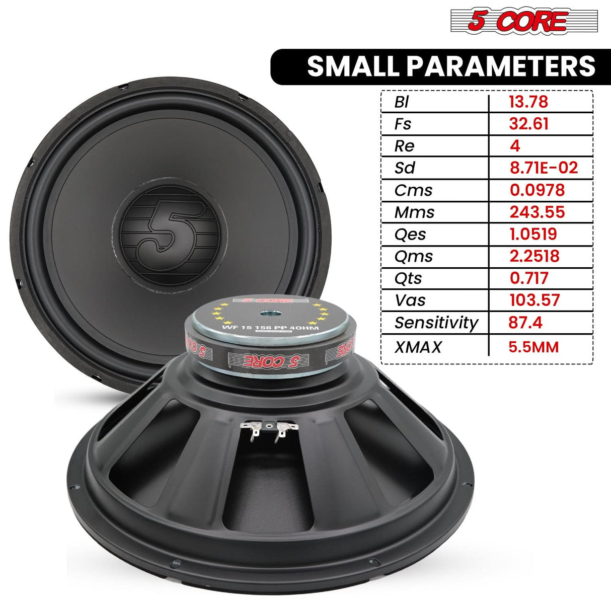 5 Core 15 Inch Woofer 500W Car Subwoofer 4Ohm Replacement Deep Sub w Poly Cone