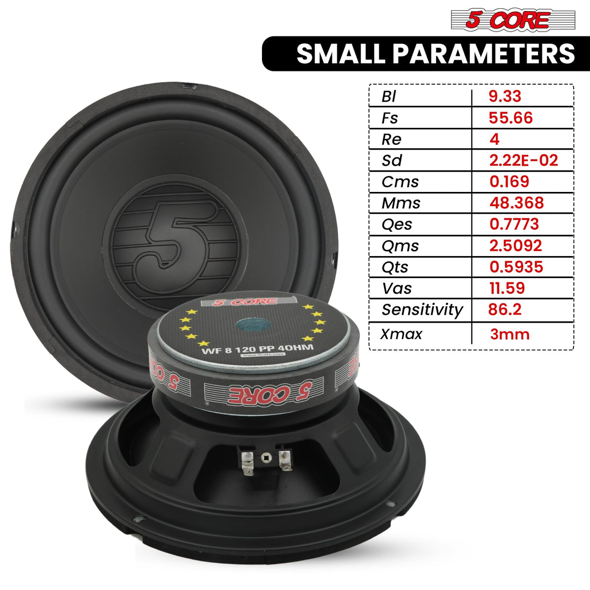 5 Core 8 Inch Subwoofer Pair 200W Car Audio Woofer 4 Ohm Replacement Deep Bass Loud Speaker