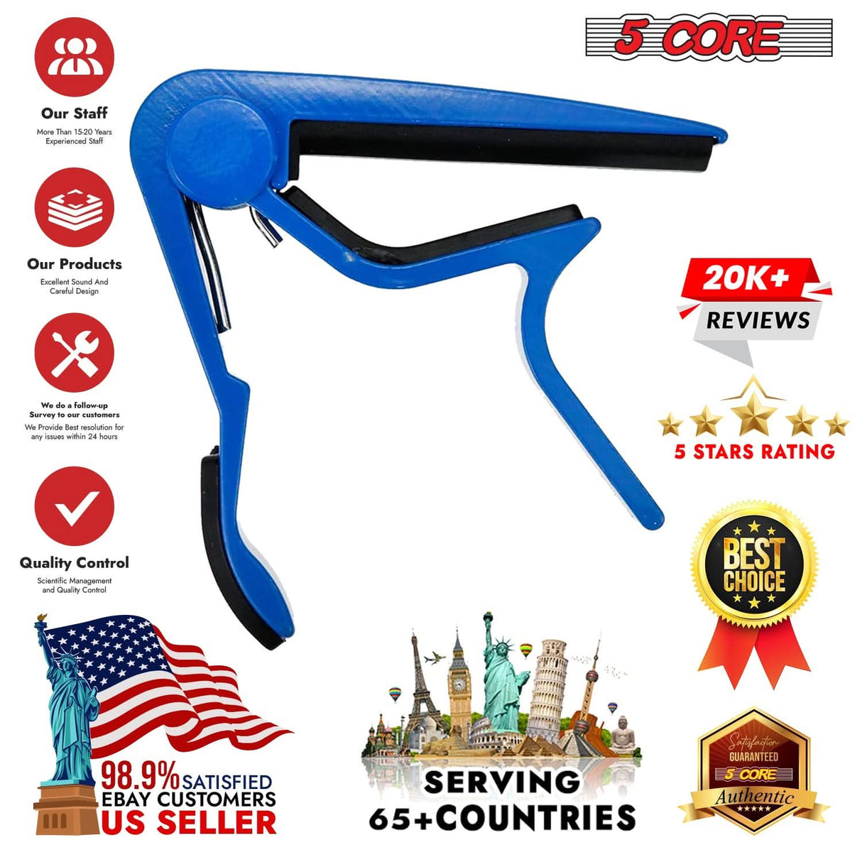 5Core blue capo clip for acoustic, electric guitar, banjo, mandolin, ukulele 6 string
