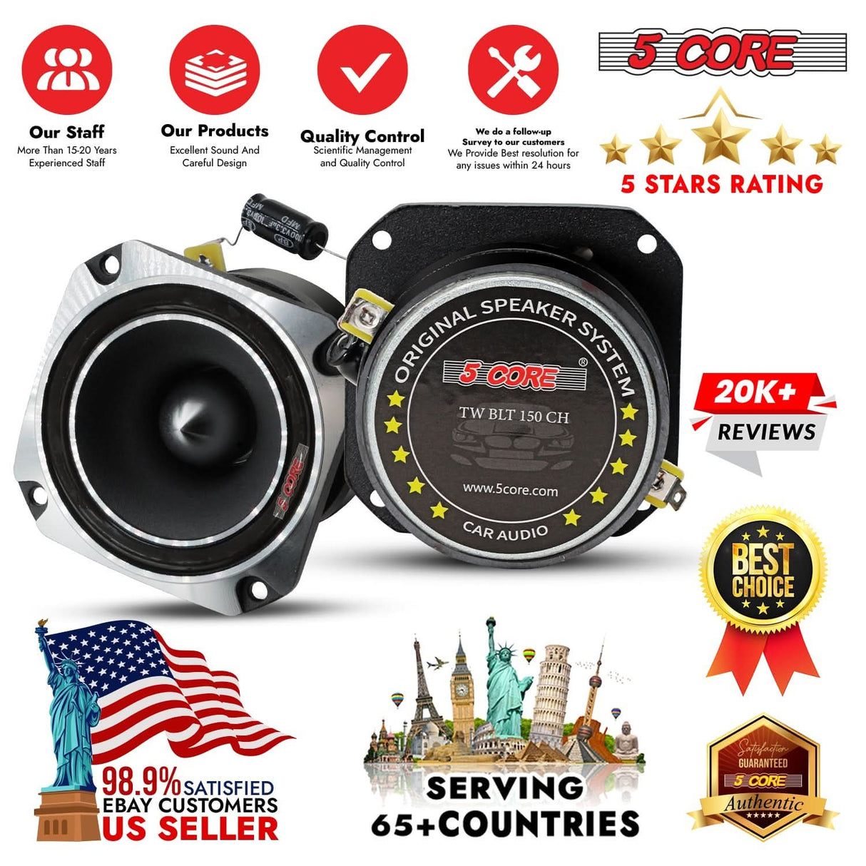 Easy-to-install 5Core tweeters designed for deep, vibrant treble