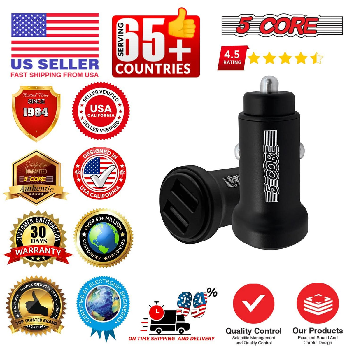 5 Core USB Car Charger Cigarette Lighter Adapter Dual USB Port Adapter 12/24 V Fast Charging