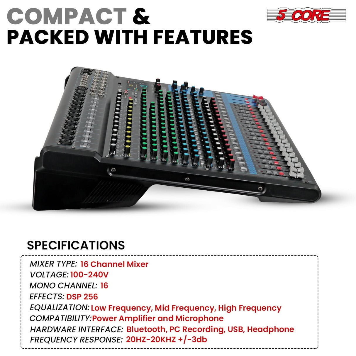 Durable 5Core DJ mixer with clear labeling and easy navigation