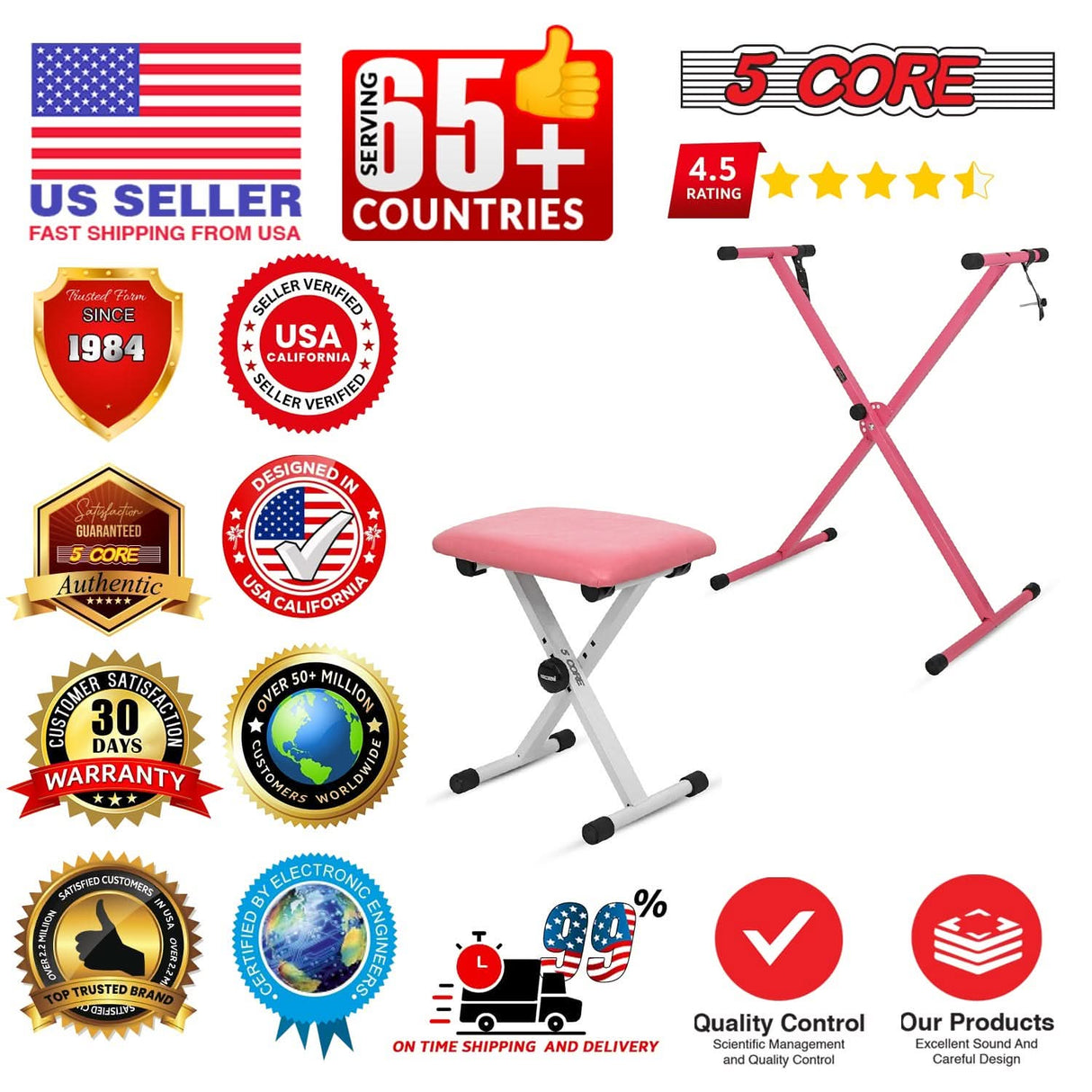 5 Core Keyboard Stand Piano Bench Combo Adjustable Key Board Stands 2" Padded Musician Chair Set