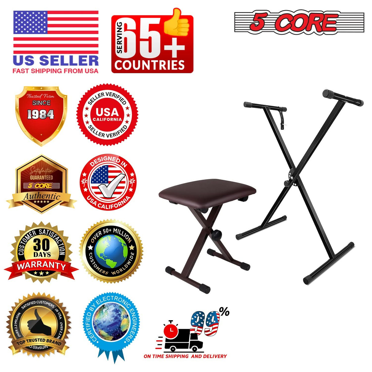 5 Core Keyboard Stand Piano Bench Combo Adjustable Key Board Stands 2" Padded Musician Chair Set