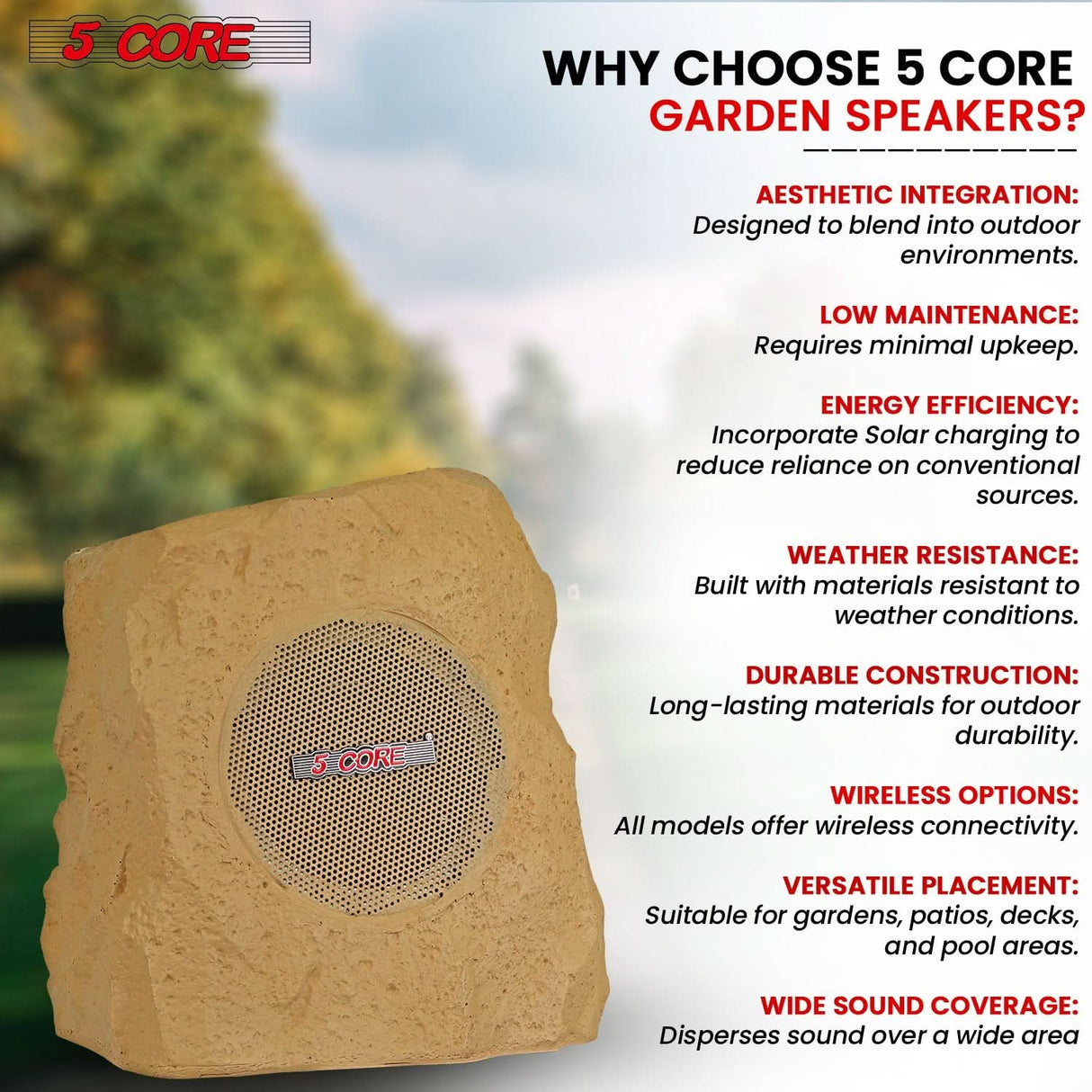 5 Core Rock Speaker Outdoor Waterproof Bluetooth Garden Speakers Solar & USB Charging RGB Colors for Patio Pool & Home