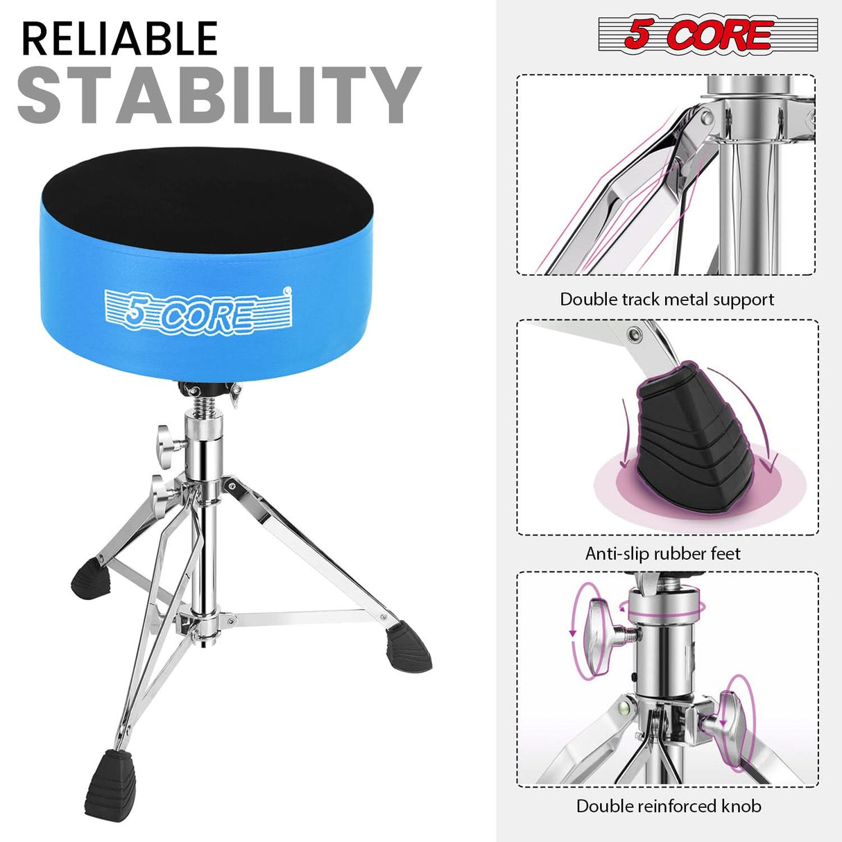 5 Core Drum Throne 5" Padded Velvet Top Guitar Stool Drummer Chair Swivel Adjustable Musician Seat