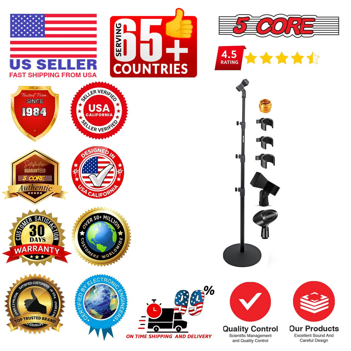 5 Core Microphone Stand 3 Level Height Adjustable 24-67" w Heavy Duty Round Base Floor Mic Stands