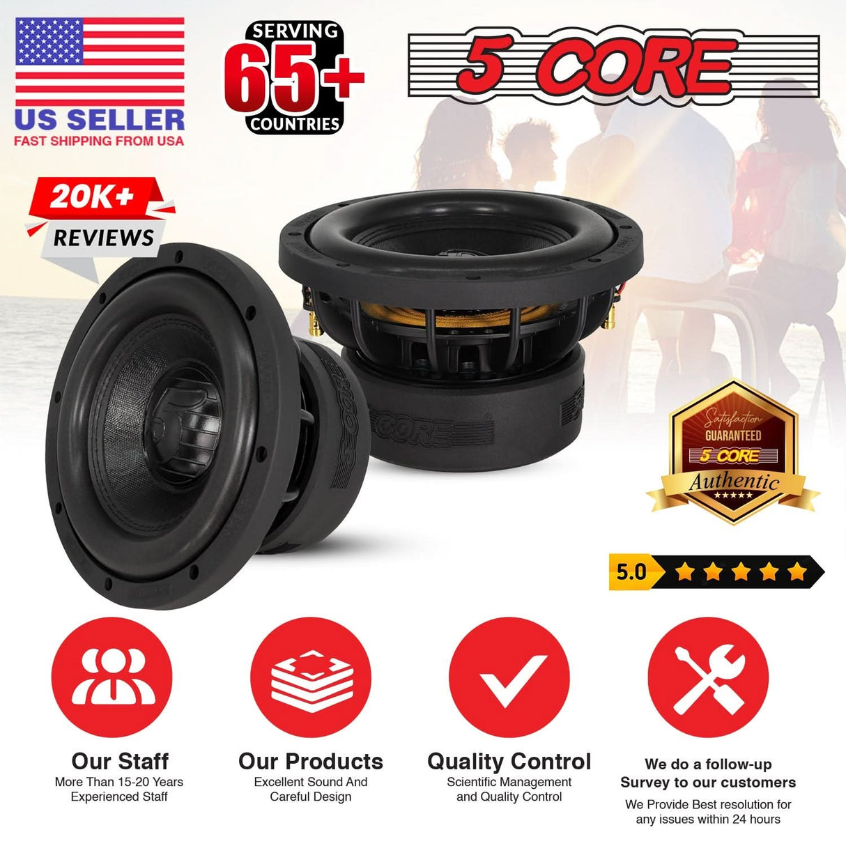 5Core 8 Inch Car Subwoofer Dual 2Ohm 1000W Component Sub Woofer Driver Aluminum Frame 8” Woofers