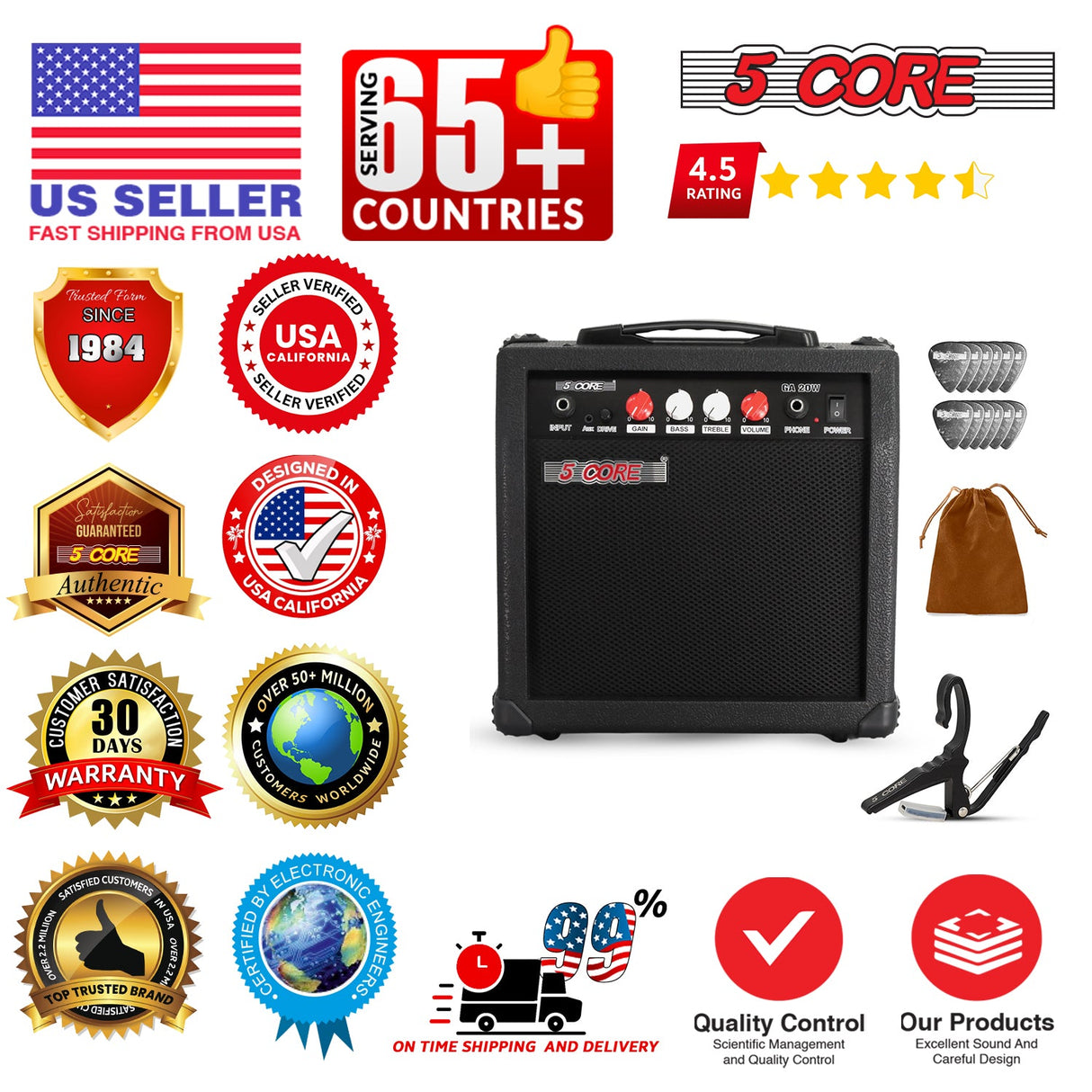 5 Core Guitar Amplifier 20W Electric Portable Mini Amp w Built in 6.5" Speaker Aux Headphone Jack