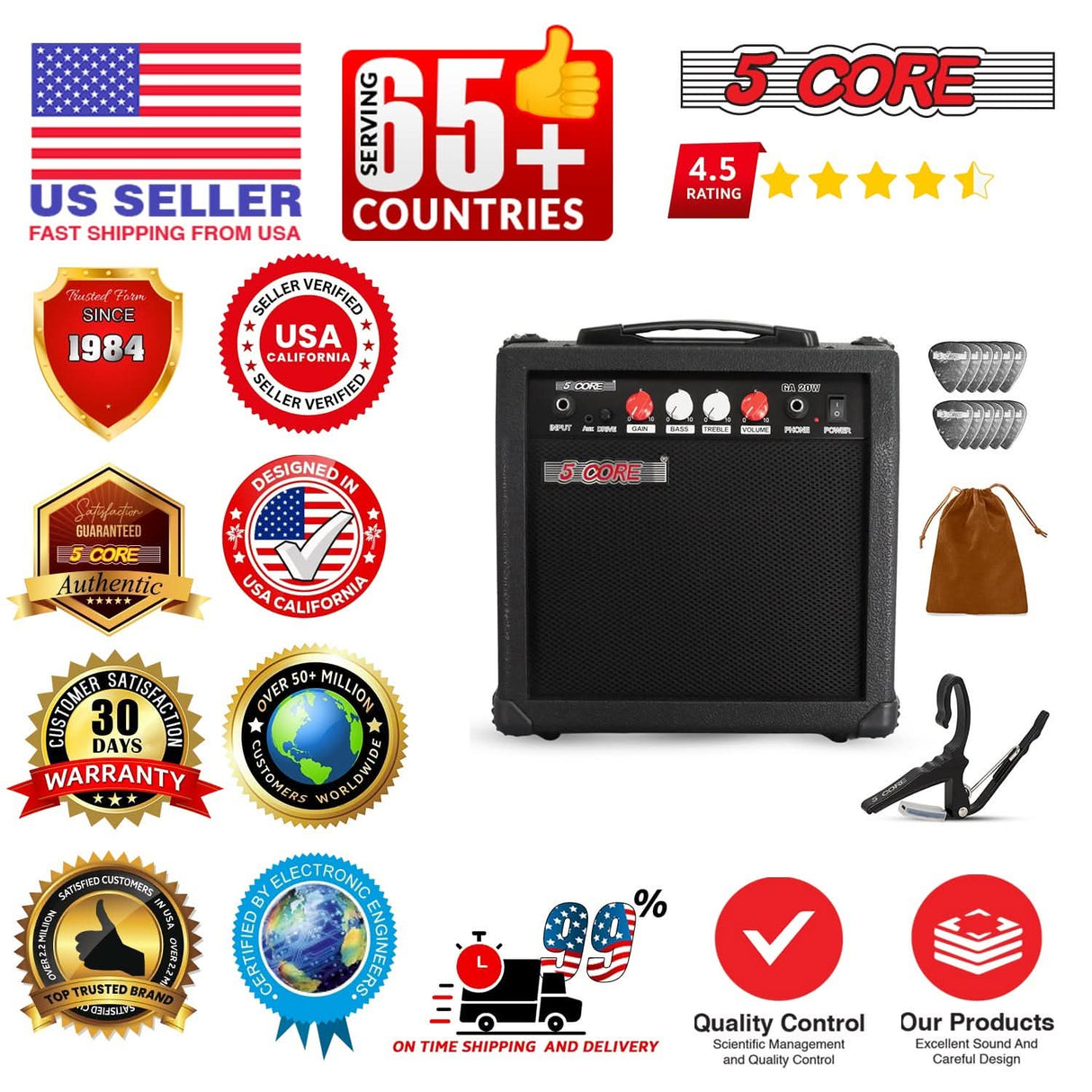 5 Core Guitar Amplifier 20W Electric Portable Mini Amp w Built in 6.5" Speaker Aux Headphone Jack