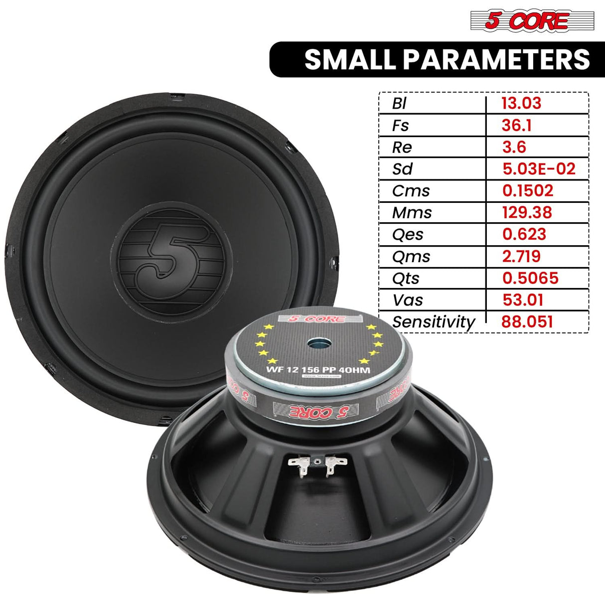 5 Core 12 Inch Woofer Pair 400W Car Subwoofer 4Ohm Replacement Deep Sub w Poly Cone