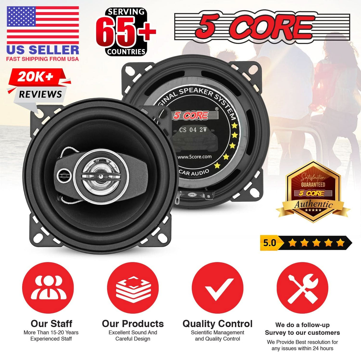 5Core 4” Car Speaker Pair 250W 4Ohm 2 Way Coaxial Speaker w Super Tweeter Universal Fit for Vehicle