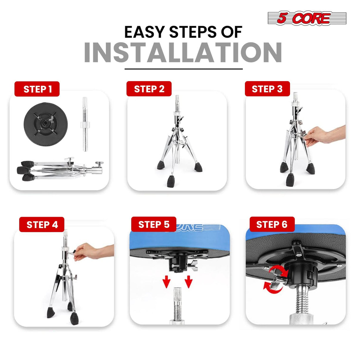 5 Core Drum Throne 5" Padded Velvet Top Guitar Stool Drummer Chair Swivel Adjustable Musician Seat