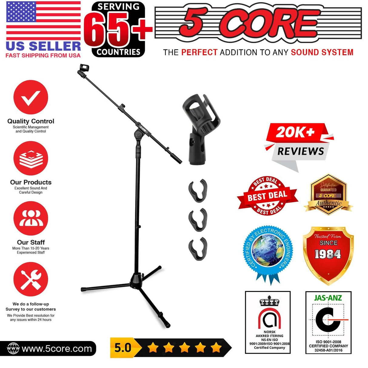 5 Core Microphone Stand Floor Height Adjustable w Extending Telescoping Boom Arm