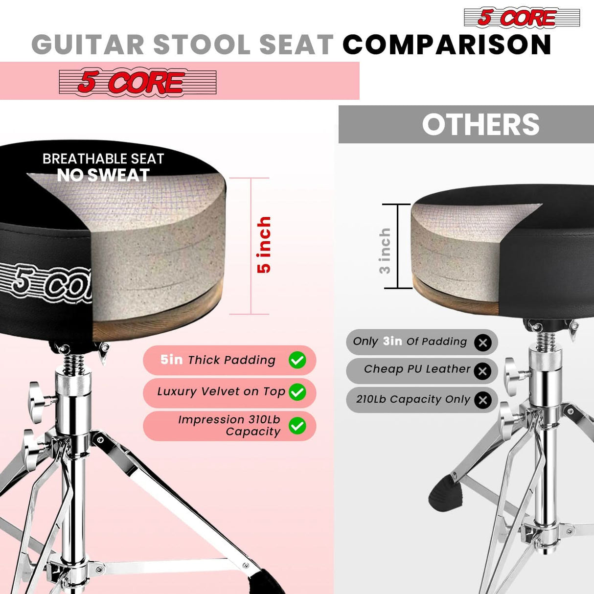 5 Core Drum Throne 5" Padded Guitar Stool Adjustable Heavy Duty Music Chair Seat w Luxury Velvet Top