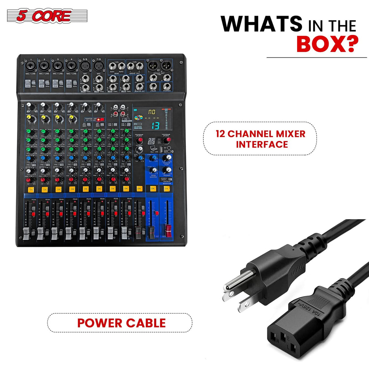 5 Core Audio Mixer 12 Channel DJ Soundboard USB Interface Bluetooth Mixing Console w 99 DSP Effect