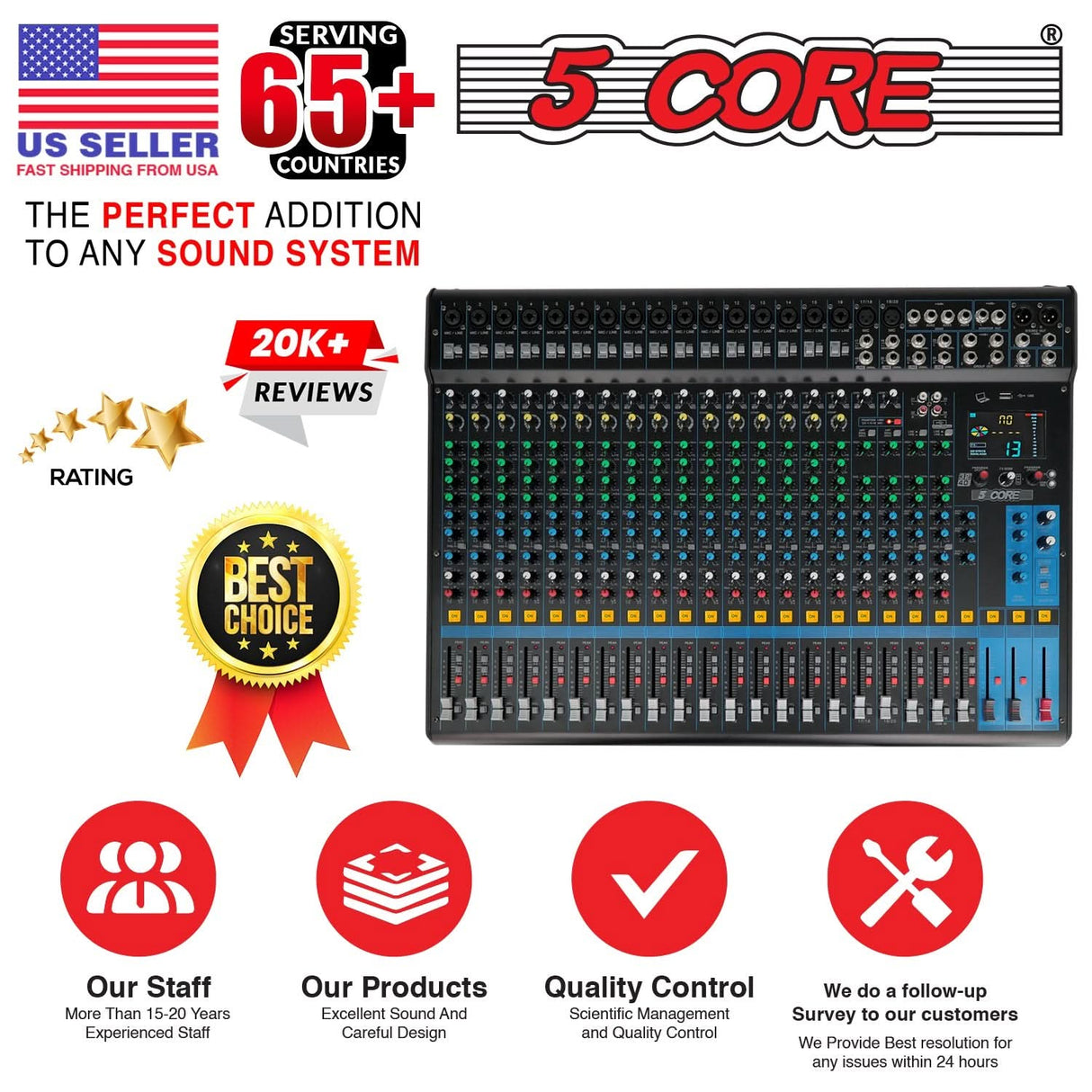 5Core DJ Audio Mixer 24 Channel Stereo Sound Board w 256 effects USB Bluetooth 48V Phantom Power