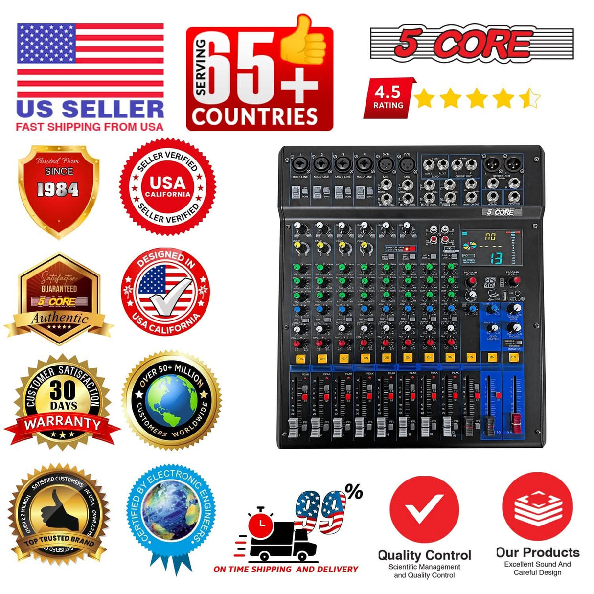 5 Core Audio Mixer 12 Channel DJ Soundboard USB Interface Bluetooth Mixing Console w 99 DSP Effect