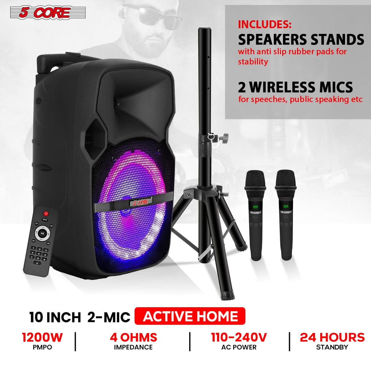 5Core 8 Inch Party PA Speaker Wireless Microphones Included View