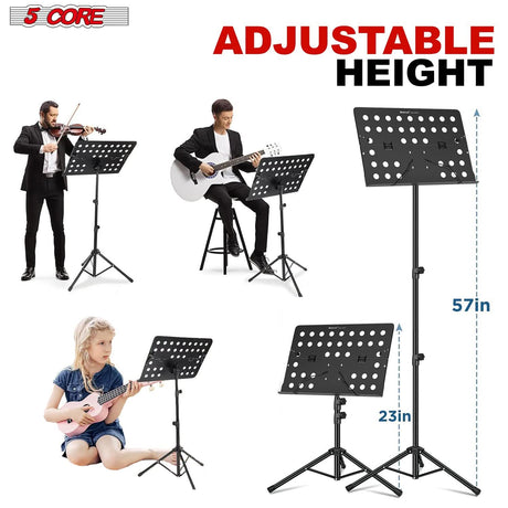 Adjustable black tripod music stand 5Core folding note holder