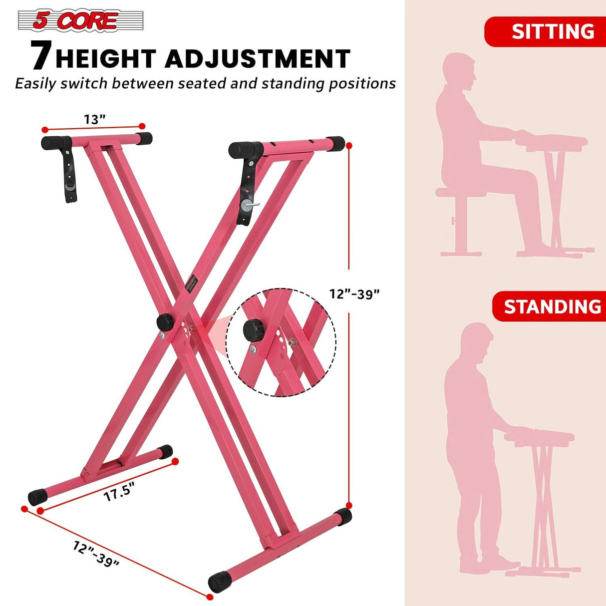 Adjustable double X style piano stand with bench 5Core PINK