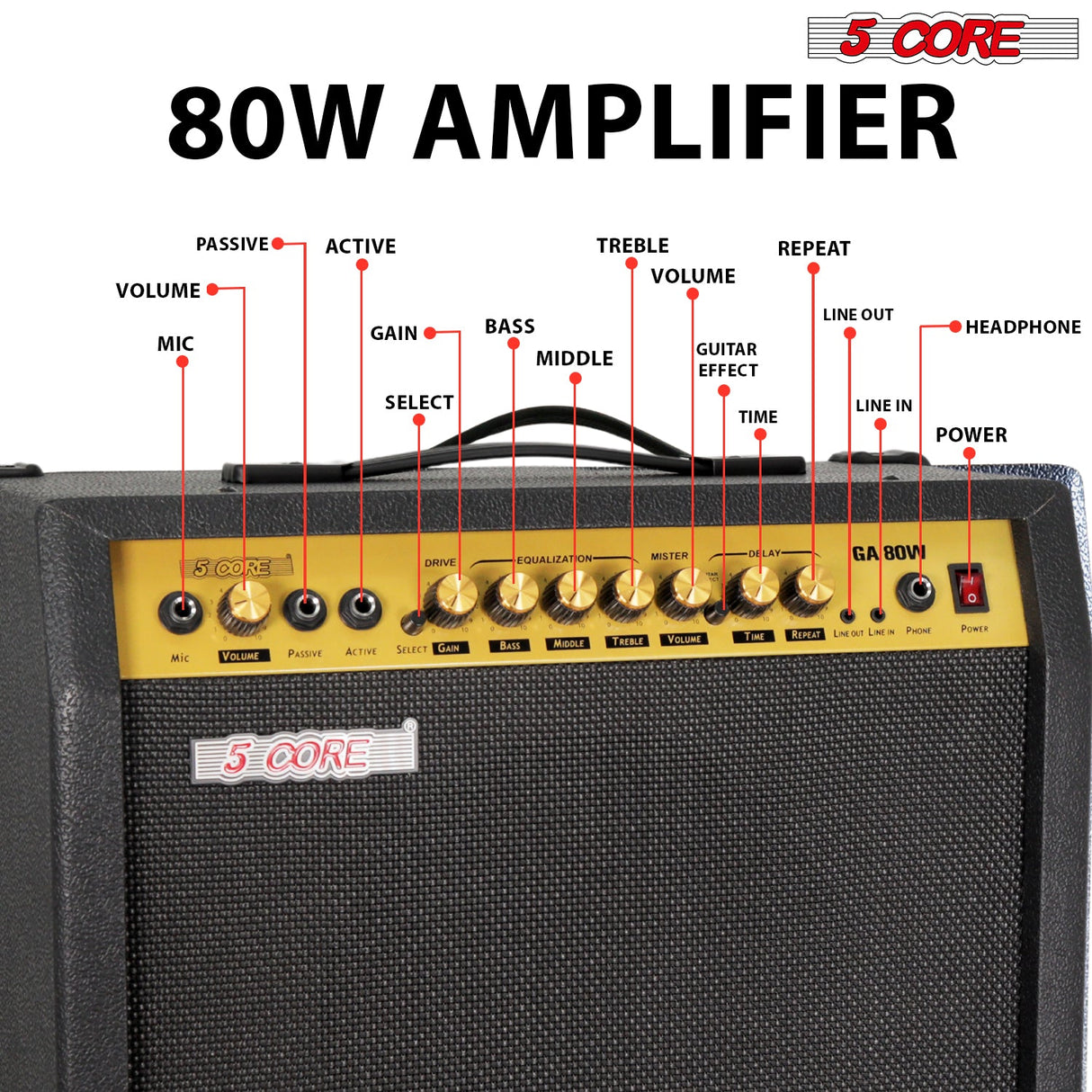5 Core Guitar Amp 80 Watt Electric Amplifier w Built in 10" Speaker Portable Mini Practice Amps
