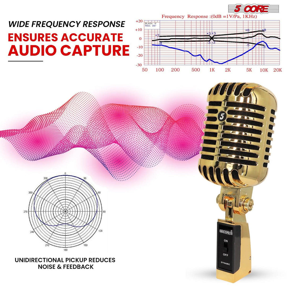 Retro-style studio mic by 5Core in elegant gold finish