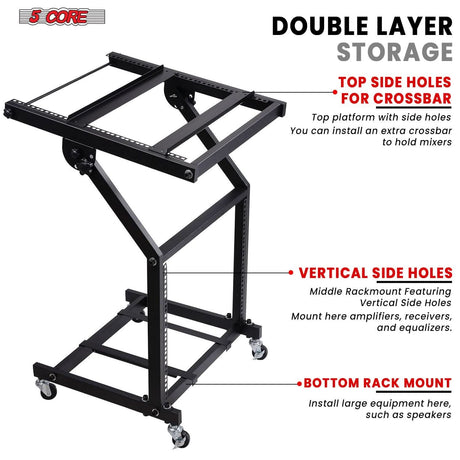 5Core 9U adjustable DJ mixer stand rack mount rolling stage cart with wheels for studio equipment