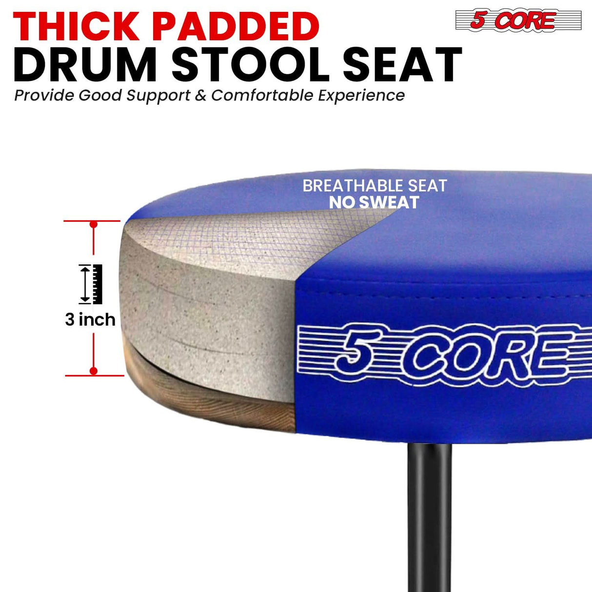 5 Core Drum Throne 3" Thick Padded Memory Foam Comfortable Drummer Stool 330Lb Capacity Adjustable
