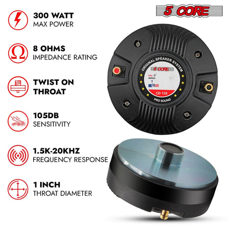 High-performance 5 Core titanium throat tweeter speaker with 18 TPI threading